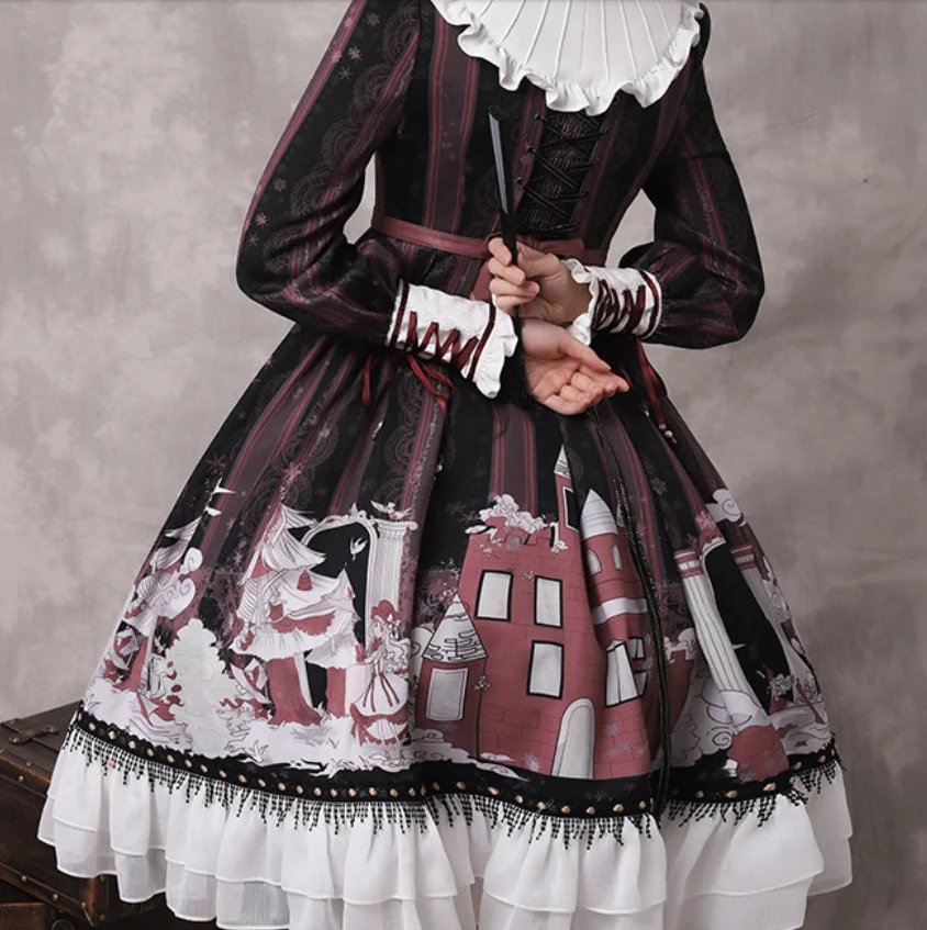 Темное винтажное платье принцессы в японском стиле, платье с кружевной оборкой, милое платье лоли в студенческом стиле с бантом, милое платье лолиты
