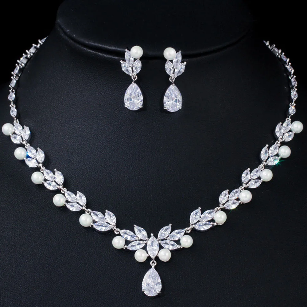 White ThreeGraces Блестящий CZ роскошный свадебный лист Висячие длинные серьги с жемчугом и ожерелье Свадебные Ювелирные наборы для невесты T0620 - Окраска металла: White