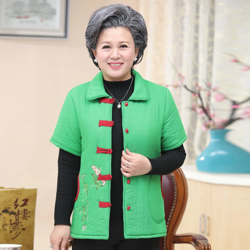 

Winter Oriental Tangzhuang Puffer Vest Women Green Red Black Chinese Button Embroider Tunic Padded Waistcoat Quilted Gilet Coat
