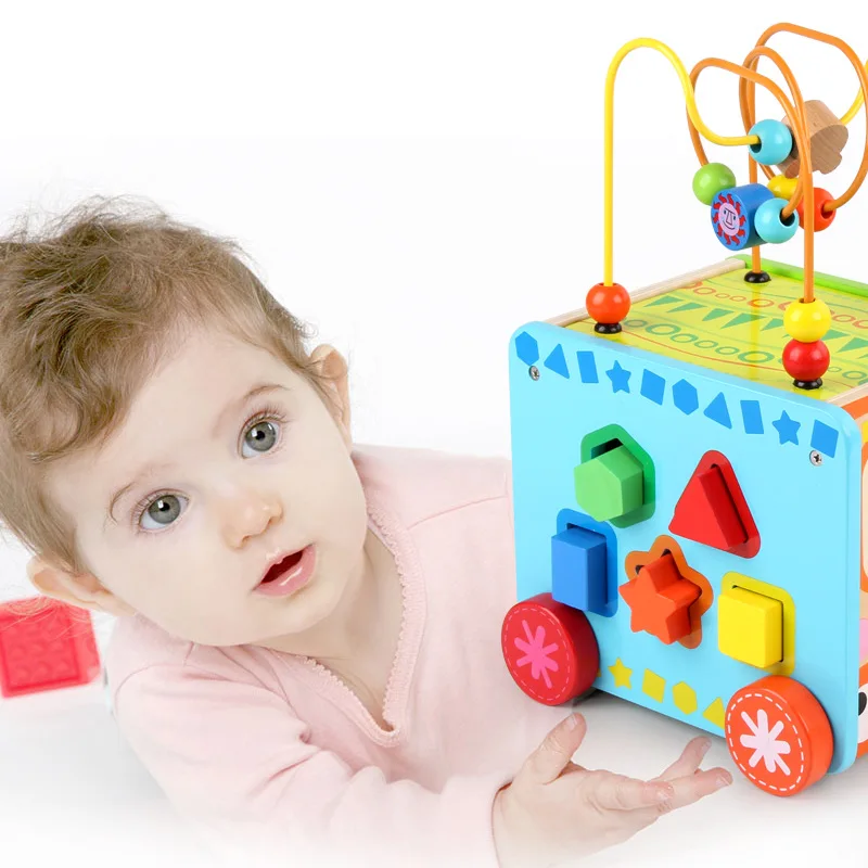 

Wooden Children Educational Force Box Beads Bead-stringing Toy Treasure Chest Multi-functional Hand Drag Small Car Geometry Matc