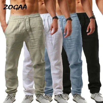 

ZOGAA Linen Trousers Men's Summer Trousers Linen Comfort Men's Pants Stretch Waist Straight Breathable Solid Casual Trousers