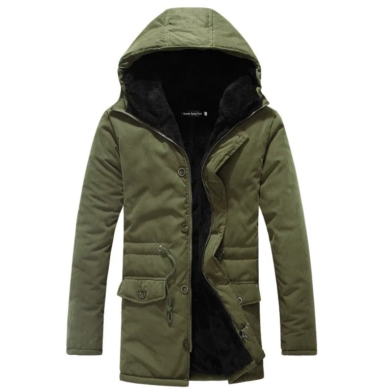 army green Зимнее длинное Мужское пальто, толстое теплое пальто из искусственного меха, мужская длинная парка с капюшоном и хлопковой подкладкой, Мужская ветровка, военная куртка-бомбер для мужчин - Цвет: army green