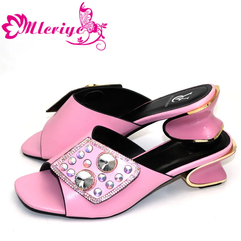 

Latest Pink Color African Women Wedding Shoes Woman Open Toe Ladies Pumps Shoes Party Wedding Shoes Decorated with Rhinestone
