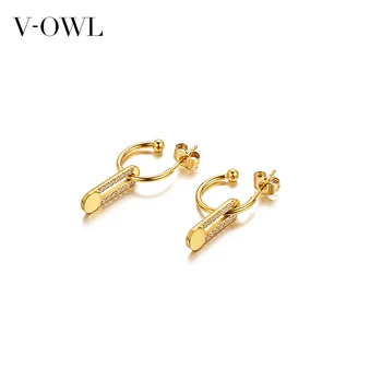 

V-Owl Vintage Gold Inlaid Zircon Pendant Stainless Steel Earrings Female Retro Non-Allergic Ins Elegant Ear Stud Fashion Jewelry