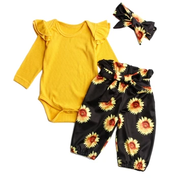 

Baby Girl Clothes Red Long Sleeve O-Neck Cartoon Romper Tops Floral Trousers Headband Cotton Casual Autumn Outfits Clothes