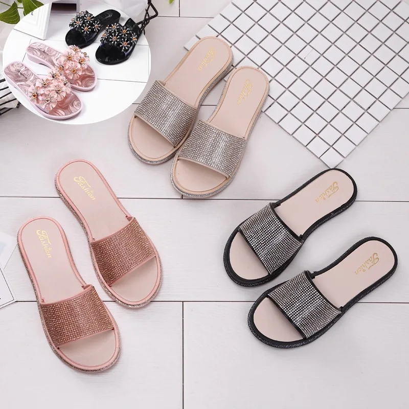 

Summer Casual Rhinestone Ornament WOMEN'S Sandals Indoor Anti-slip Flat Top Shoes Outdoor Beach A- line Slippers