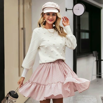 

Elegant fur pompon women sweater Autumn winter lantern sleeve knitted sweater female Streetwear ladies pullover jumper