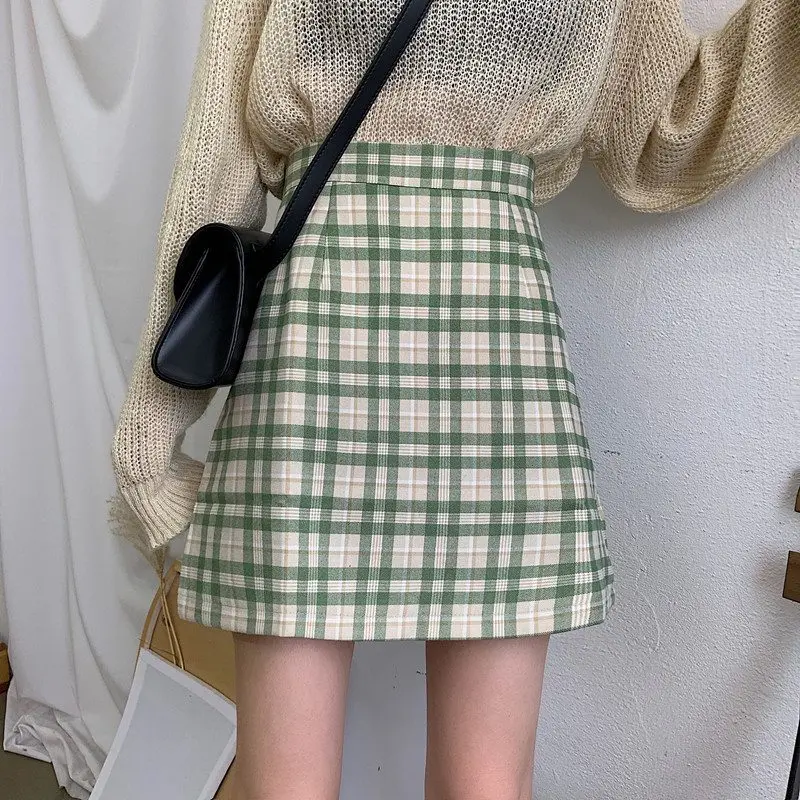Модная клетчатая юбка с высокой талией, женские тонкие юбки в консервативном стиле, мини юбки на осень и зиму