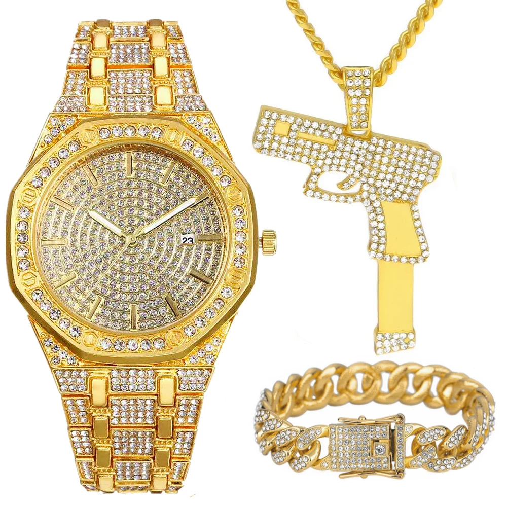 

3pcs Iced Out Watch Necklace Bracelet for Men Luxury Diamond Gold Watch Men Bling Hip Hop Handgun Shooter Pendant Chains Jewelry