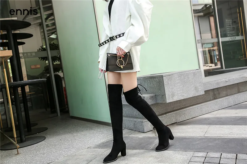ENNIS Women Over The Knee Boots Pointed Toe Winter Boots High Heel Knee High Boots Slim Fit Autumn Flock Shoes Fashion L934