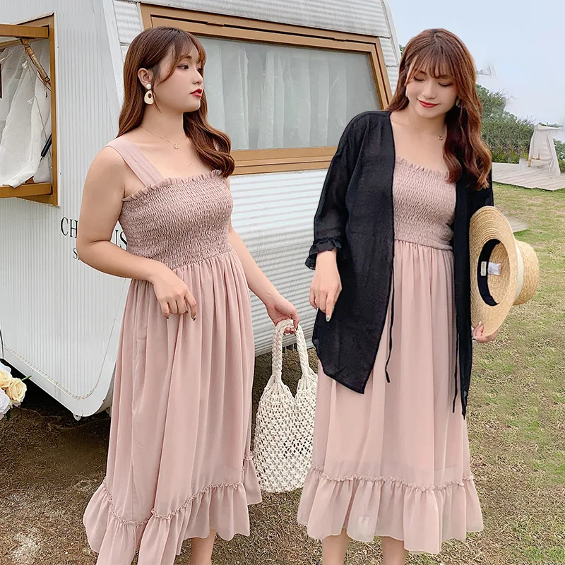 

Korean-style WOMEN'S Wear 200 of Fat Mm Summer Pleated Chiffon Strapped Dress Plus-sized Fairy Skirt 2050