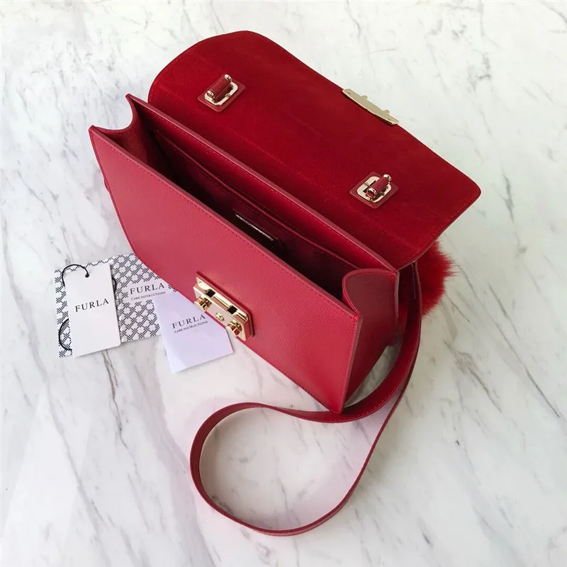Оригинальные женские сумки FURLA, высокое качество, большие размеры, женские меховые кожаные сумки красного цвета, Размер 23 см* 8 см* 17,5 см
