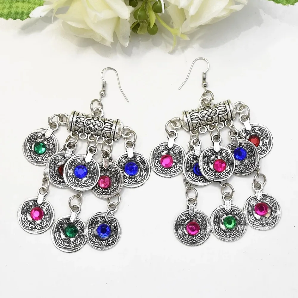Турецкая винтажная Серебряная большая монета массивные серьги jhumka& ожерелье комплекты украшений для женщин Бохо индийский Афган бисерное ожерелье