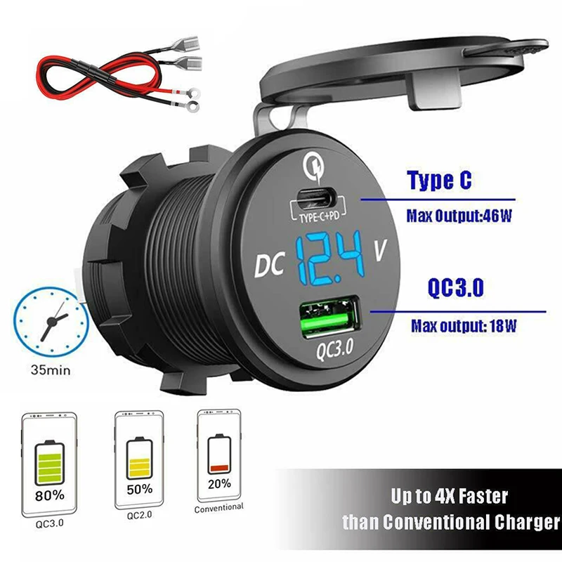

Car Charger For Samsung Galaxy S10e S9 S8 Type-C PD and QC 3.0 Fast Charging USB Car Charger for Motorcycle Boat RV Accessories