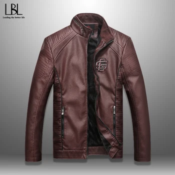

2019 New Men's Fleece Jacket PU Leather Motorcycle Coat Stand Collar Winter Autumn Male Casual Outerwear Slim Fit Bomber Jaqueta