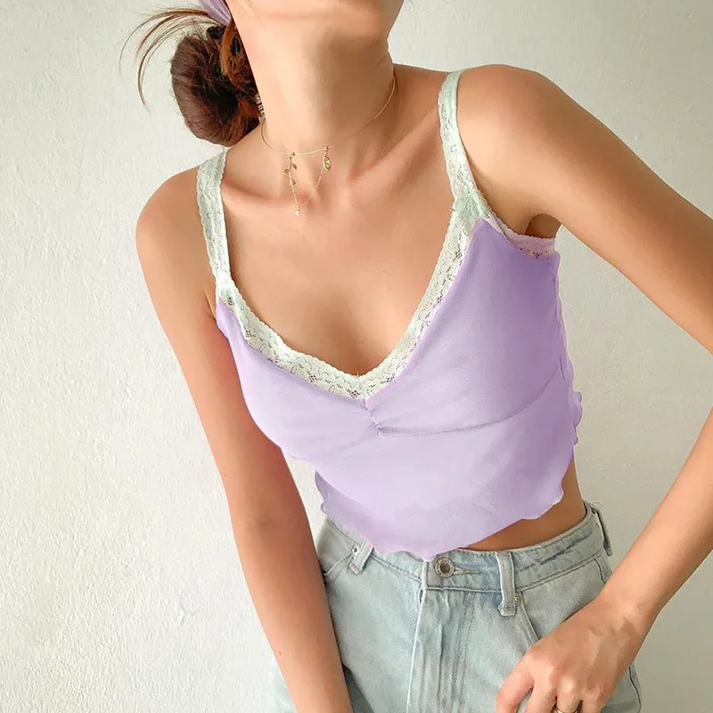 

Mesh See Through Sleeveless Tank Tops Lace Patch Tanks Frilly Summer Vests Vintage Style V Neck Crop Tops Sexy Women Clothes