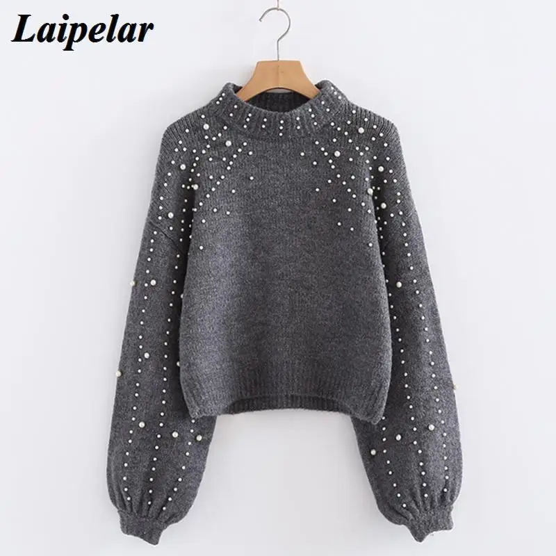 Winter Turtleneck Sweaters Pearl Beading Sweater Warm Lantern Sleeve Women Jumper Female Loose Gray Pullover Pull Knitted A4