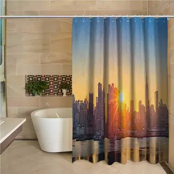 

City 3D Printed Shower Curtain Tranquil Sunrise at Midtown Manhattan United States NYC Waterfront America Hotel Quality Machine