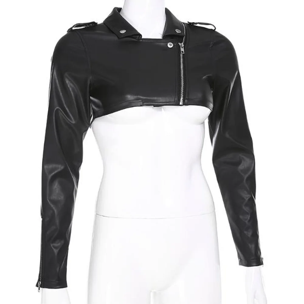 Черная укороченная Женская куртка из искусственной кожи с длинным рукавом, облегающий укороченный топ в стиле хип-хоп, уличная куртка из искусственной кожи, пальто Chaqueta Mujer