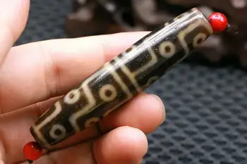 

Collectible Treasure Talisman LKbrother Sauces Magic Power Tibetan Old Agate Ivory Color 18 Eye Long dZi Bead Amulet 75MM LLZB