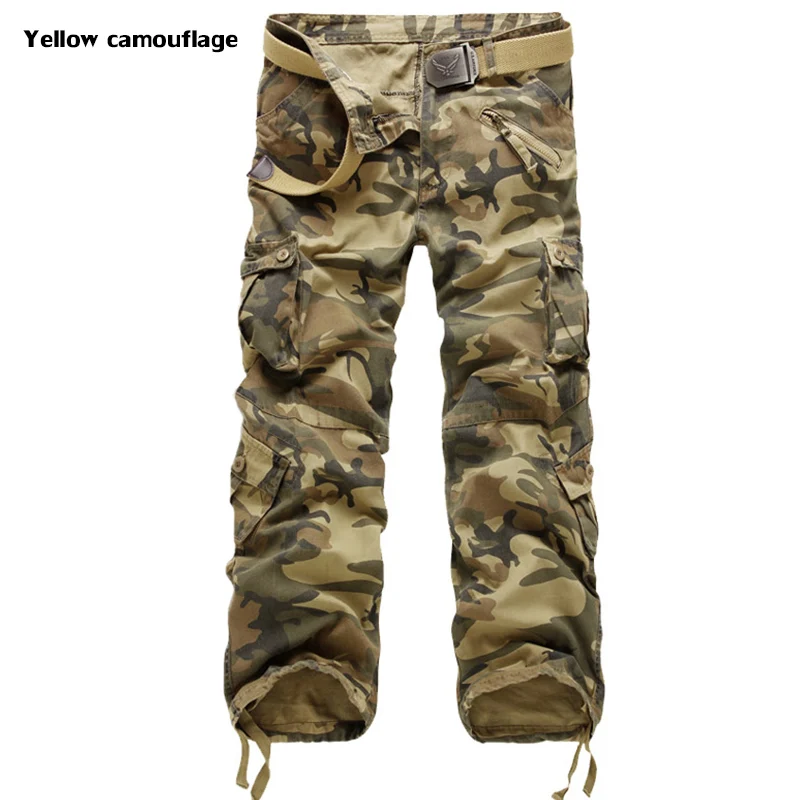 Yellow camouflage Высокое качество Мужские Брюки Карго повседневные свободные мульти карманы военные брюки длинные брюки для мужчин камуфляж джоггеры размера плюс 28-40 - Цвет: Yellow camouflage