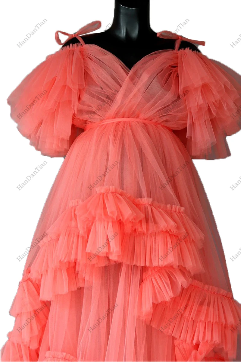 2021 Maternity Dress for Photoshoot Sheer Long Tulle Robe with Ruffles Off the Shoulder Gown