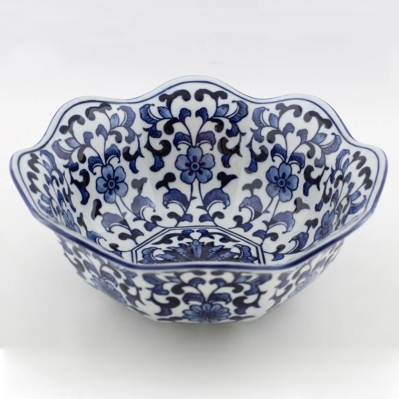 

Vintage Blue and white Serving Bowl for Vegetable Fruit salad Bowls Decorative Ceramic Dish Storage Bowls