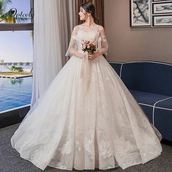 

Optcely Vestido de Noiva Gergeous Flare Sleeve Backless Wedding Dress 2019 Appliques Beaded Sweep Train Hall Princess Dream Gown