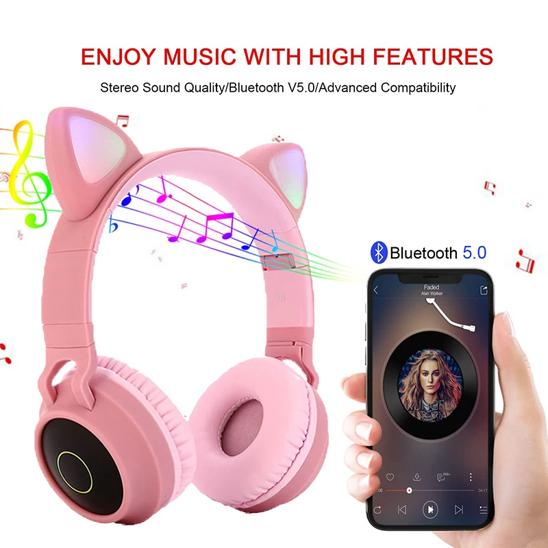 Милый Кот Bluetooth 5,0 гарнитура Беспроводная Hi-Fi музыка стерео бас наушники светодиодный светильник мобильные телефоны девочка дочь гарнитура для ПК