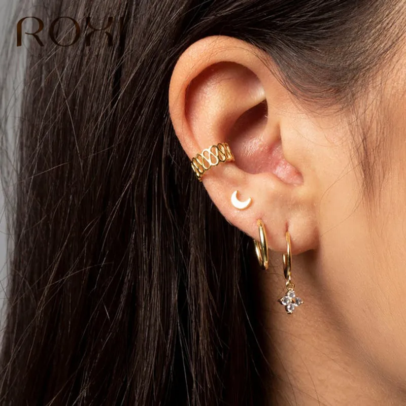 ROXI новые маленькие 925 пробы Серебряные подвесные серьги-гвоздики серьги для женщин тонкое хрустальное ожерелье с подвеской в виде цветка маленькие серьги-гвоздики