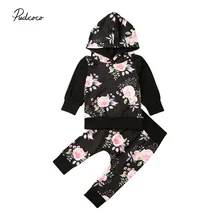 Коллекция года, весенне-осенняя одежда для малышей Новые Топы с капюшоном и цветочным принтом для маленьких девочек+ брюки, штаны Одежда из 2 предметов для детей от 0 до 24 месяцев