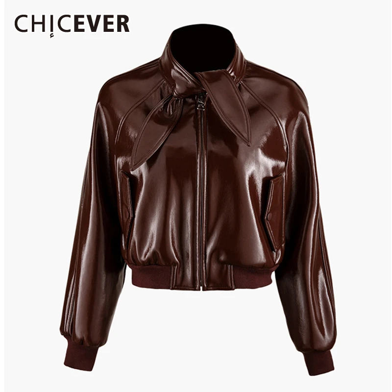 CHICEVER повседневные Куртки из искусственной кожи для женщин водолазка фонарь с длинным рукавом на шнуровке пальто Женская мода одежда