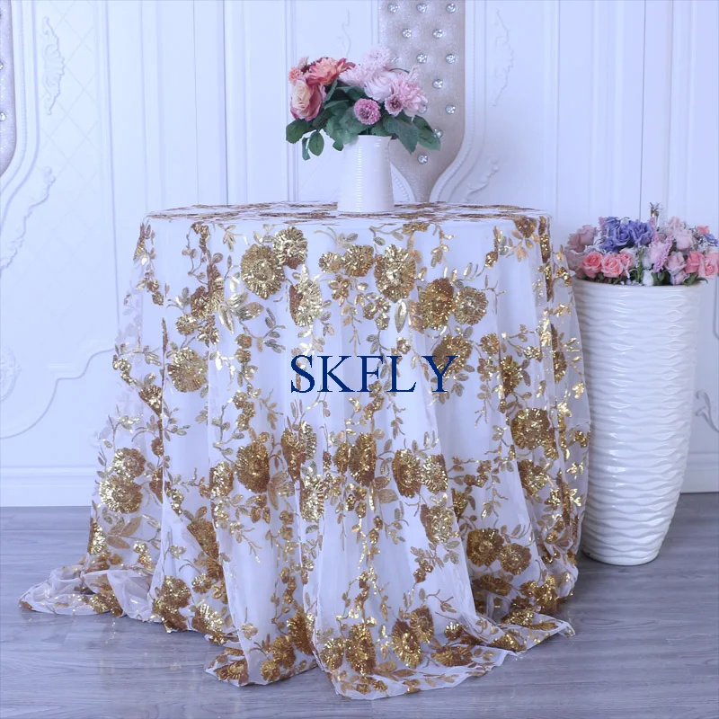 CL090E New 2020 fancy rose gold navy bright with white net round or rectangle embroidery sequin wedding table cloth | Дом и сад