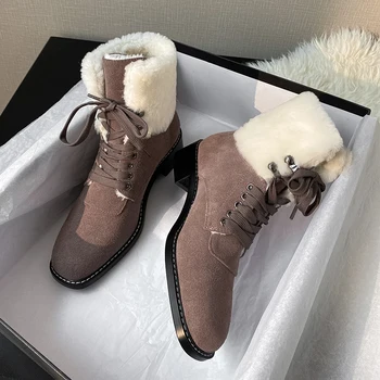 

Real Cow Suede Leather Women Winter Ankle Boots for Woman Snow Boots Wool Fur Lined Warm Shoes Waterproof Lace-up