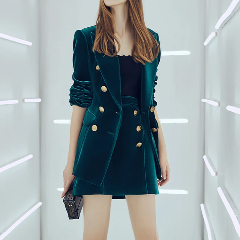 

Autumn Velvet Office Lady Two Piece Matching Sets Long Sleeve Blazer Coat And Mini Dresses Women Fashion Clothing L967