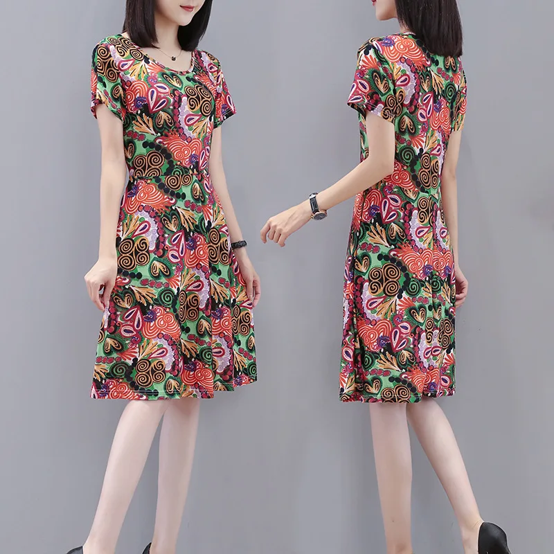 

[] 2019 Summer New Style Mid-length Middle-aged Large Size Slimming Dress Short Sleeve Printed Dress Women's