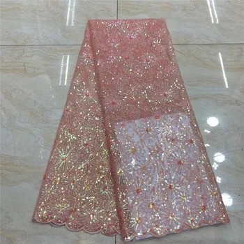

African Lace With Sequins Embroidery Textile Lace Fabric High Quality Sequins French Tulle Lace Fabrics For Wedding Party pink