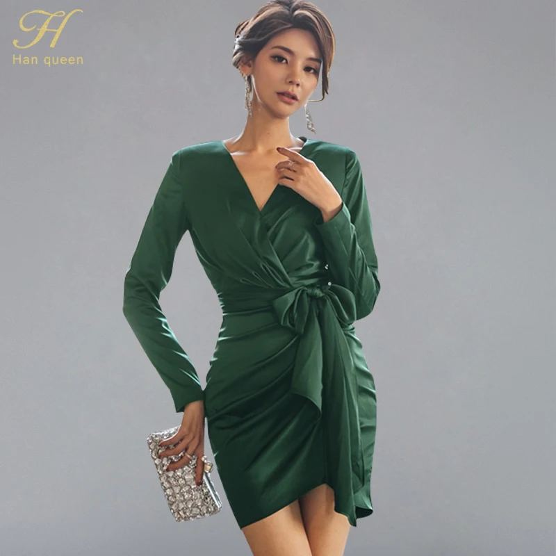 

H Han Queen Solid Color Ruched Draped Sheath Bodycon Dress Women 2019 Autumn Sexy V-neck Lace-up Dresses Bow Short Club Vestidos