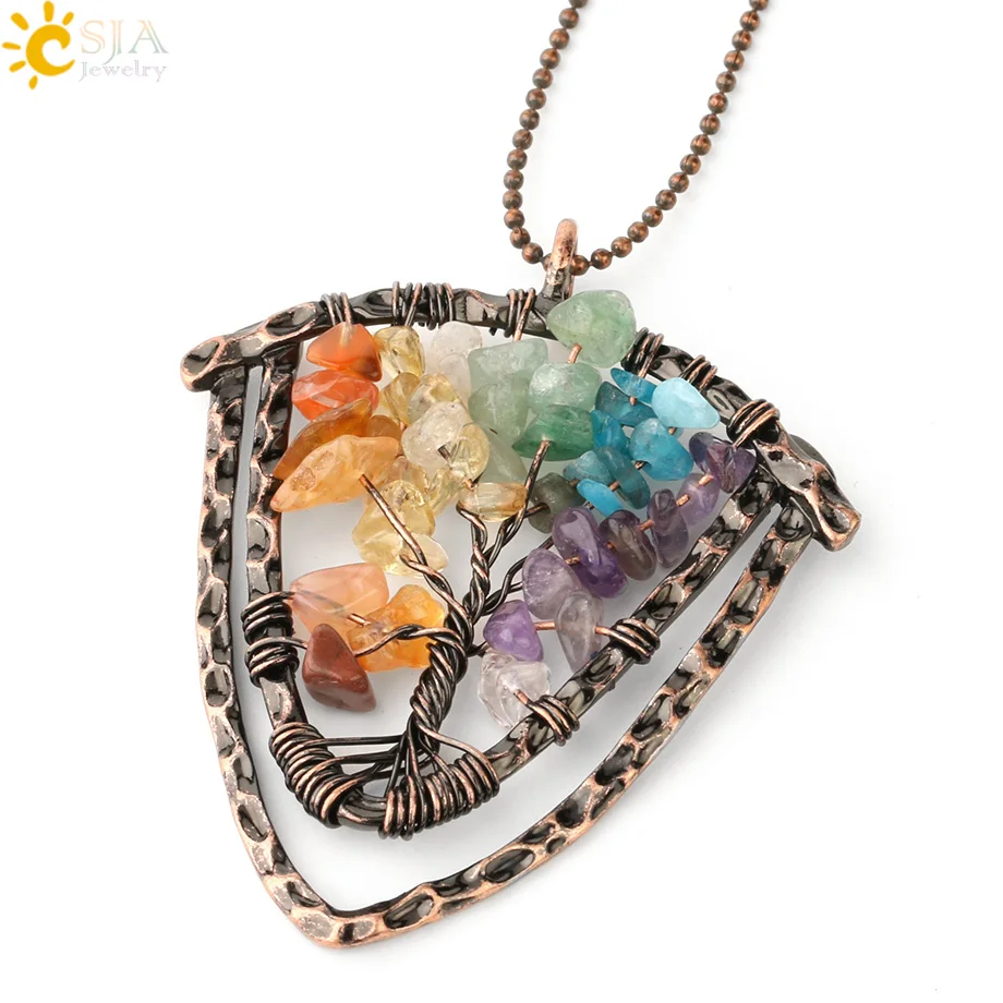 7 Chakras Necklace CSJA ручной работы натуральные каменные подвески, ожерелья для мужчин "Древо жизни" проволочный обруч чип бусины Винтаж 7 ЧАКРА КРИСТАЛЛ ювелирные изделия G329 - Окраска металла: 7 Chakras Necklace