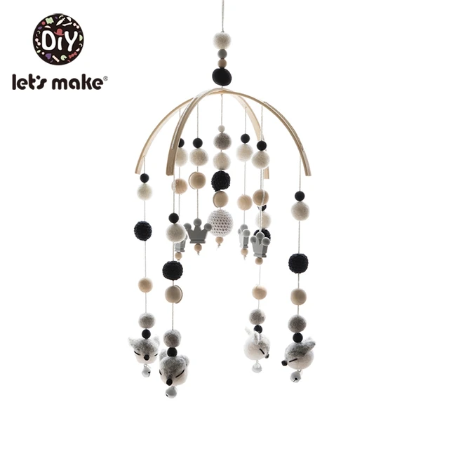 Let'S Make Wood Baby Bed Toys Gift Crib Mobile Infant Room Stroller Music Baby Felt Wool Ball Rattles Wooden Teether Toys Gray Crown