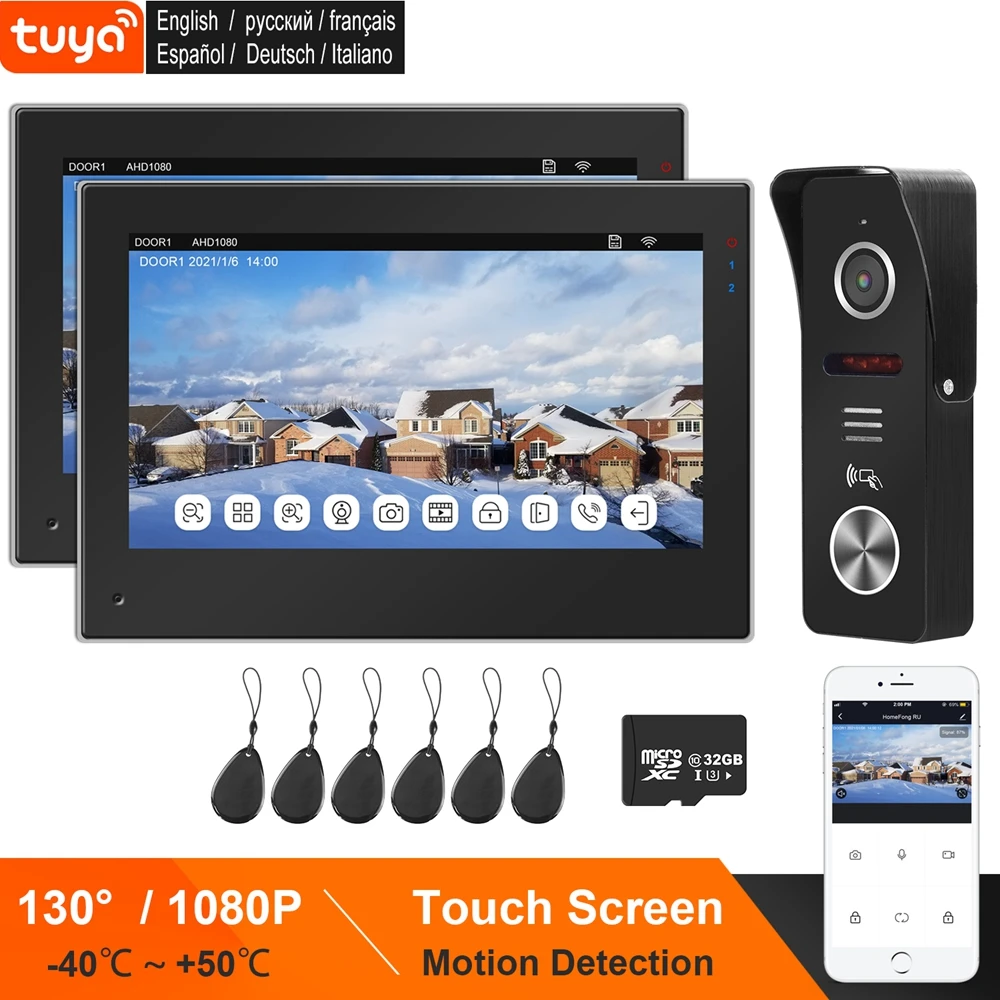 WIFI Video Door Phone for Home TUYA IP Video Intercom System 2 Monitors 1080P Doorbell RFID Motion Detections Phone Message Push