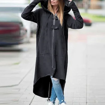 

2020 Women Hooded Long Sleeve Zipper Drawstring Casual Irregular Coat Casual Solid Long Jacket Sweatshirt Plus Size