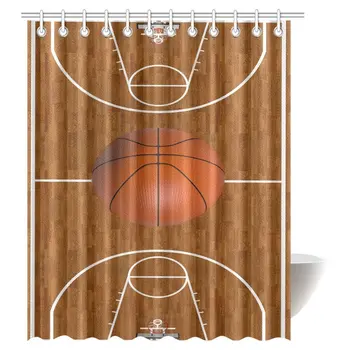 

Sports Decor Shower Curtain, Basketball Court Playtime Childrens Wood Print Fabric Bathroom Shower Curtain Set with Hooks, Extra