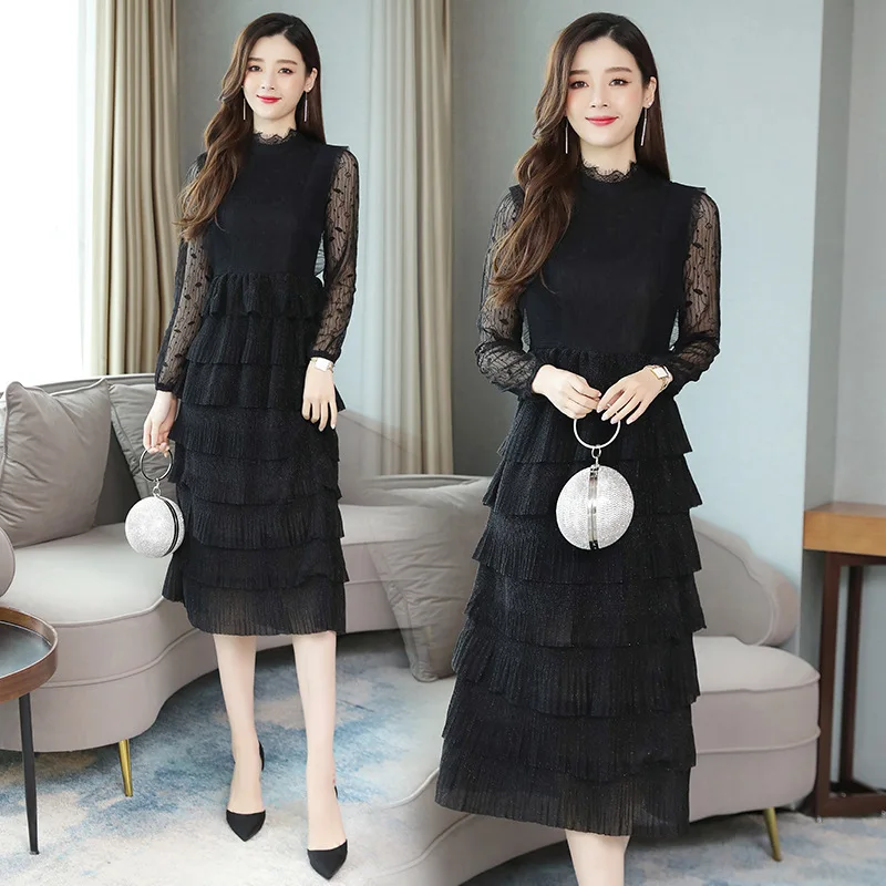 

Photo Shoot 2019 Autumn WOMEN'S Dress Mid-length Cake Dress-Style Slim Fit Elegant Gauze Lace Dress Base Skirt