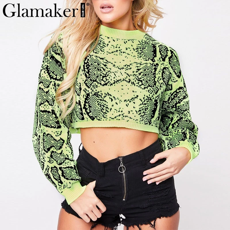 Женский укороченный свитер Glamaker зеленый вязаный пуловер со змеиным узором
