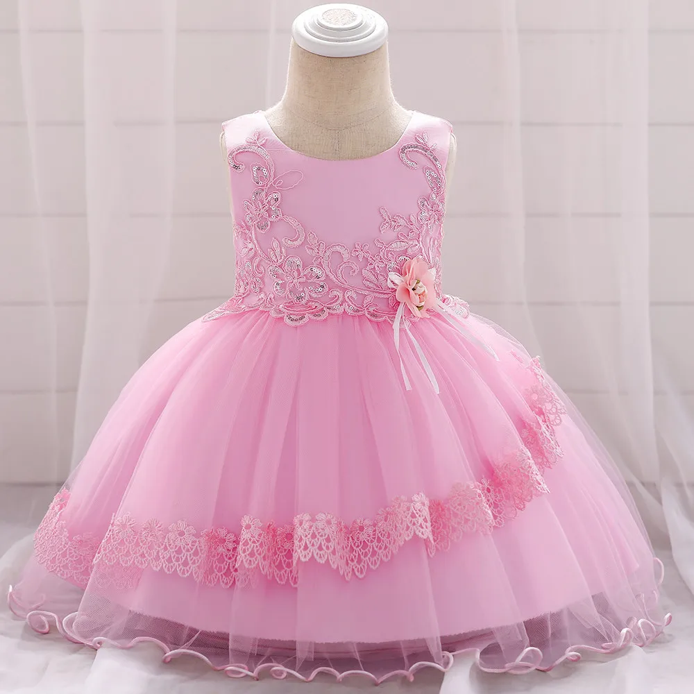 pink Кружевное платье-пачка для маленьких девочек с вышитыми блестками и цветами; платье для дня рождения; платье принцессы для крещения и свадьбы; платье для малышей; L1885XZ - Цвет: pink