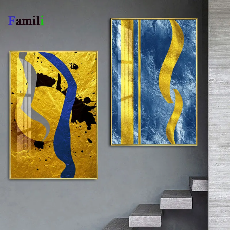 

Canvas Painting Golden Silver Blue Geometric Pattern Nordic Abstract Print Poster Wall Art Picture Living Room Home Decoration