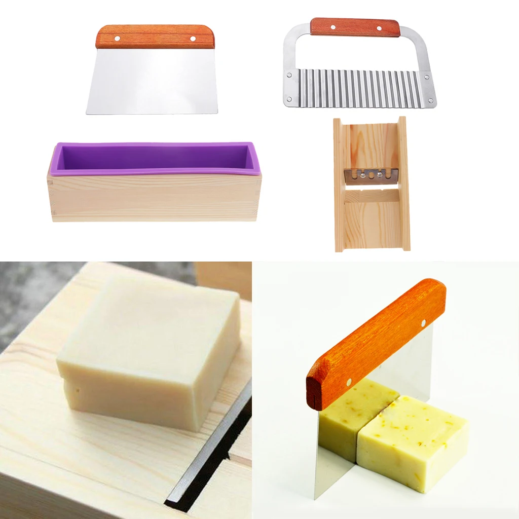 4pcs Soap Cutting Making Molds Kit, Rectangle Silicone Mold+Wood Box+1Pcs Wooden Beveler Planer+2x Mixed Stainless Steel Cutter