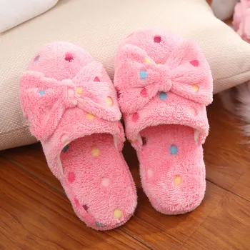 

Warm Slippers Autumn Winter Plush Slippers Women Indoor Home Slippers Cotton Cute Dots Bow Knot Ladies Soft Fur Slides