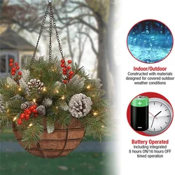 Cesta colgante de Navidad Artificial, flocado con decoraciones mezcladas y luces LED blancas, adorno colgante, decoración de Navidad E7